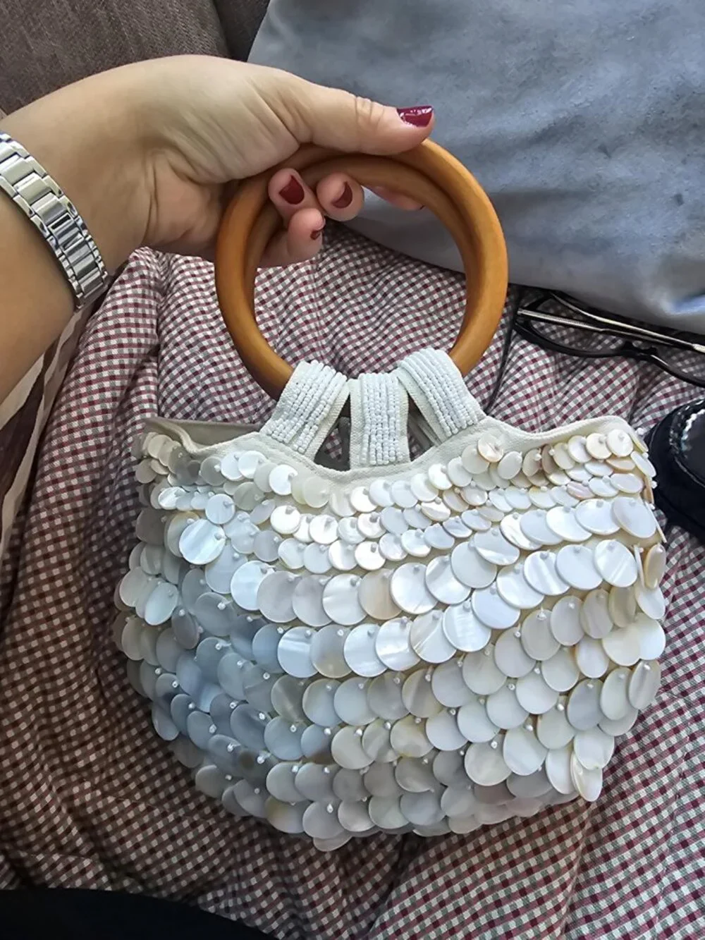 Women Handmade Seashell Beaded Clutch Beach Wooden